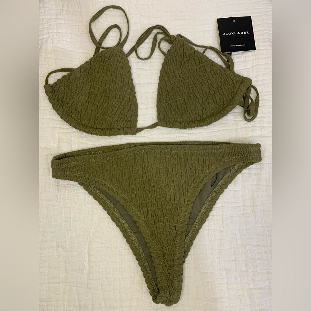 JLUXLABEL Olive Green Textured Bikini Set boho sporty glamour poolside Size S
